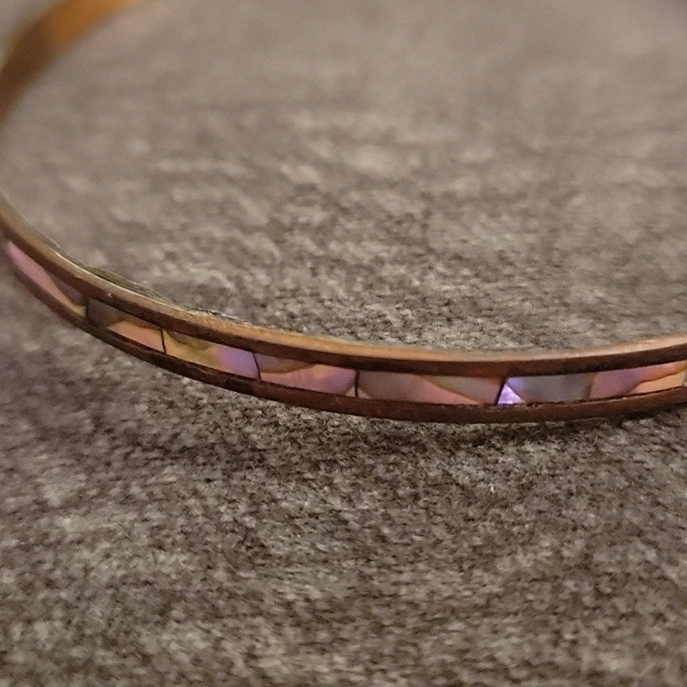 Vtg Minimalist Thin Mexican Copper Shell Inlay Bangle Bracelet